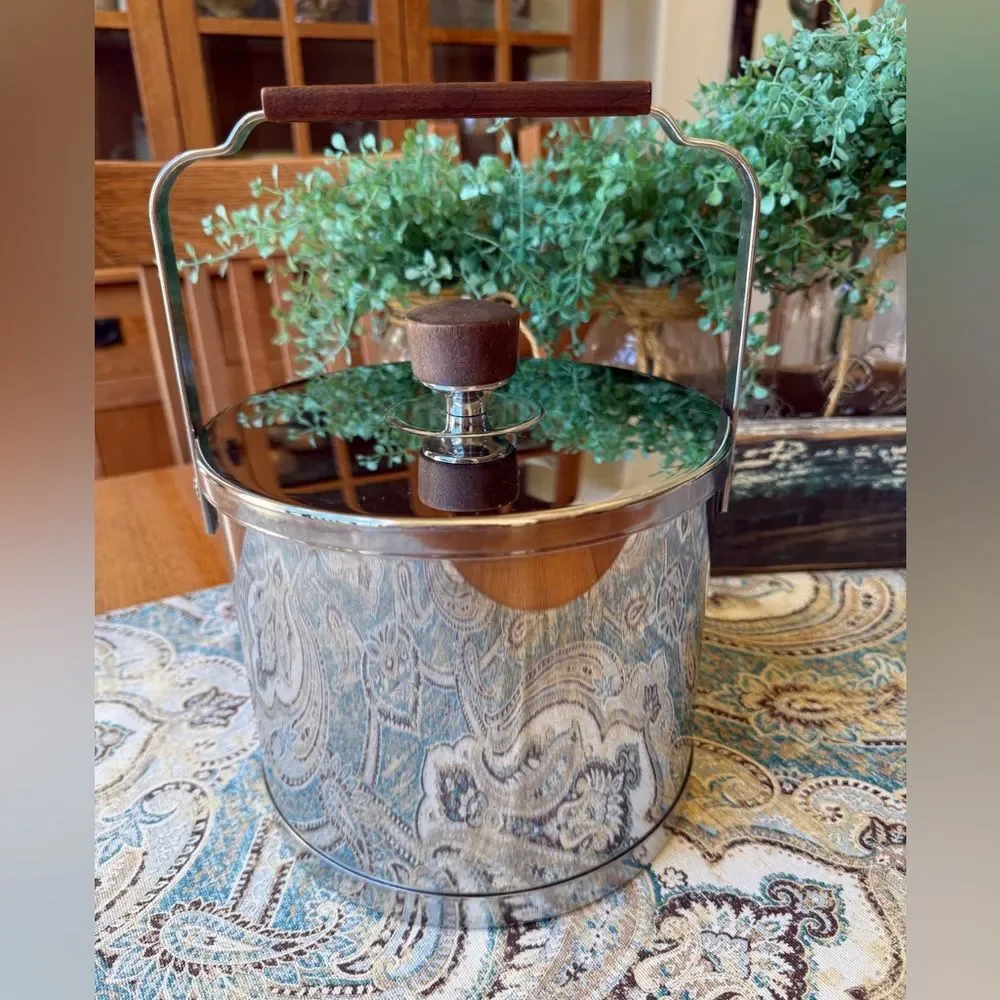 Stainless Steel Ice Bucket With Wooden Handle & Tongs Mid Century Modern Vintage